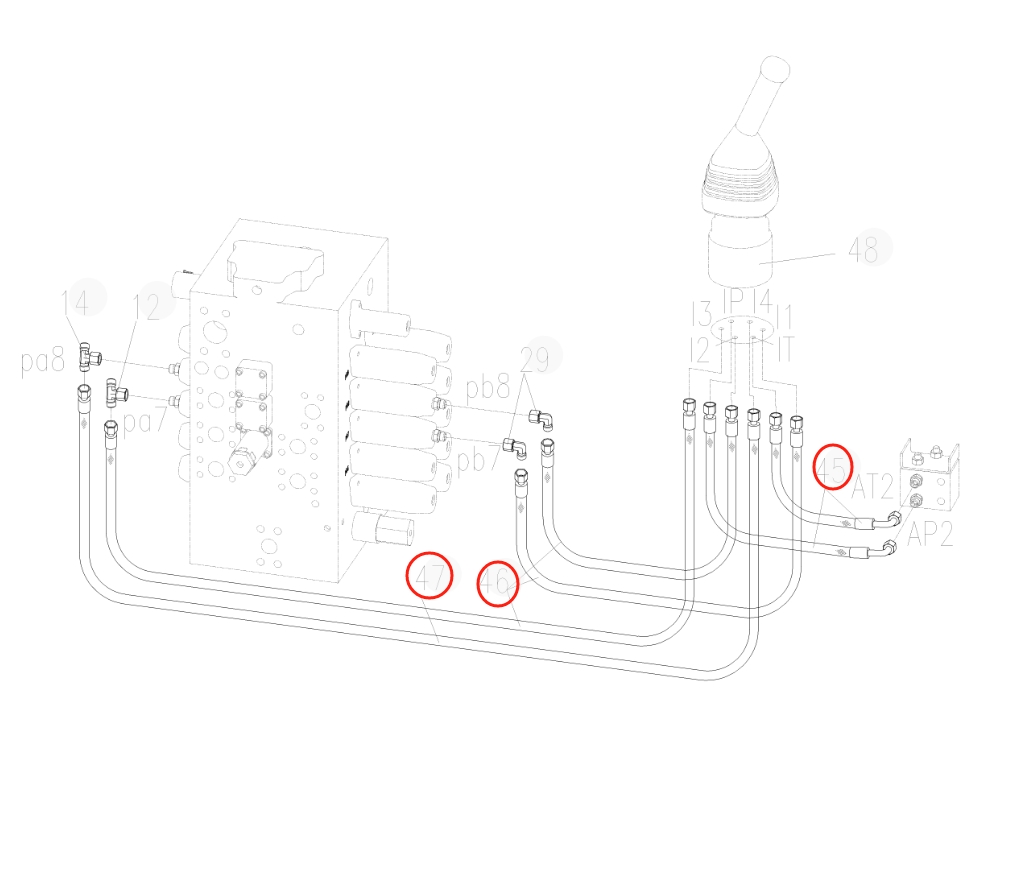 Sunward SWE215E installation diagram showing hydraulic hose 730501001405 at Pipe No. 46