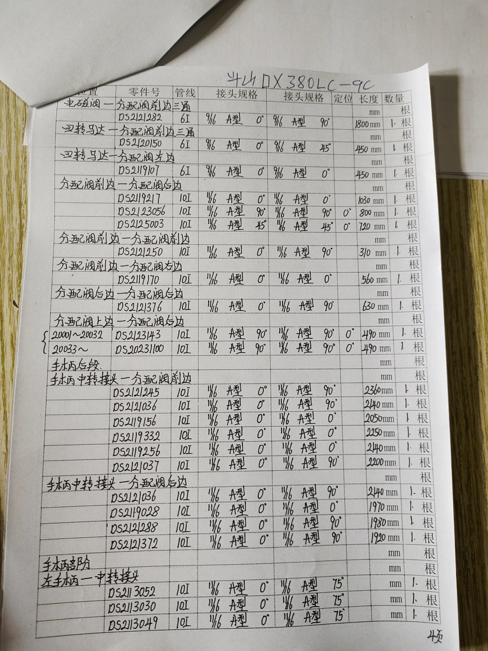 Doosan DX380LC-9C hydraulic hose part numbers and recorded lengths — technician notebook page 4 of 5