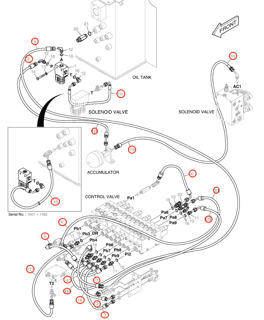Doosan DX57W-5 installation diagram showing hydraulic hose DS2093070 at Pipe No. 4