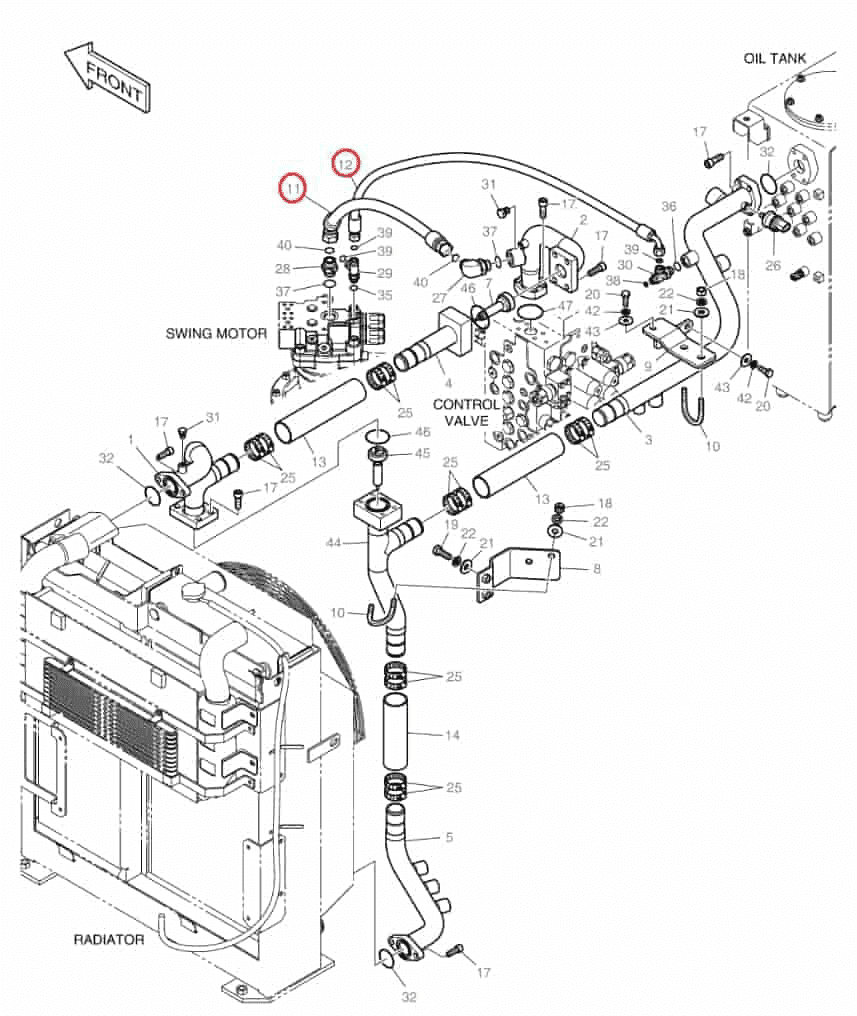 Doosan DX140W-3 installation diagram showing hydraulic hose DS20131714 at Pipe No. 12