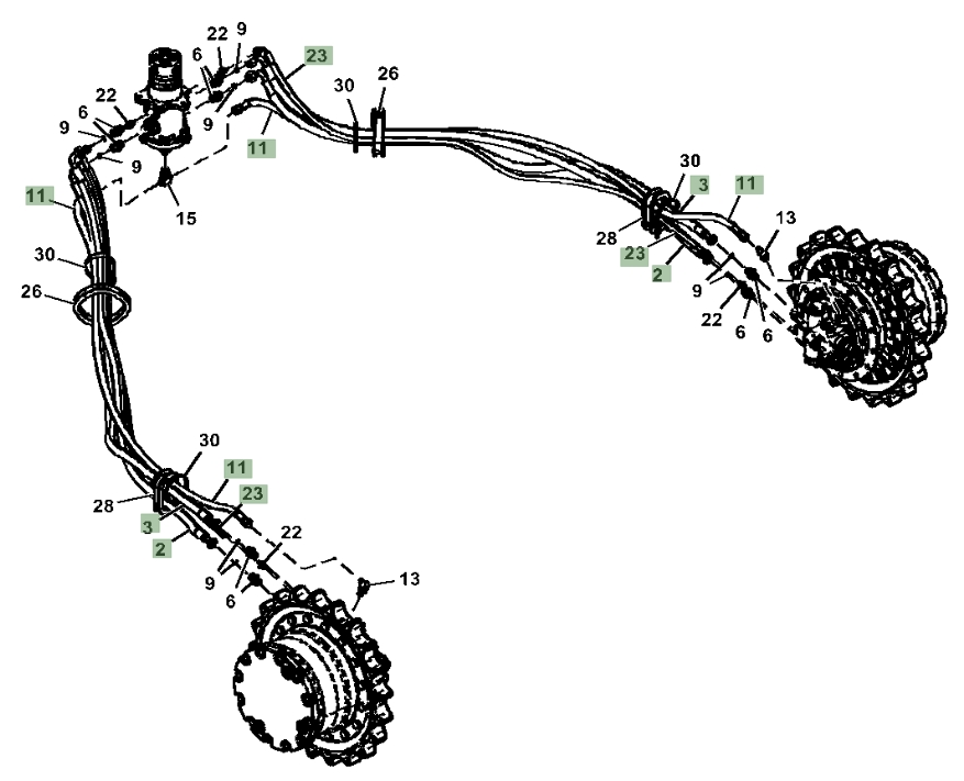 Hitachi ZX135US-6N installation diagram showing hydraulic hose 4447490 at Pipe No. 23