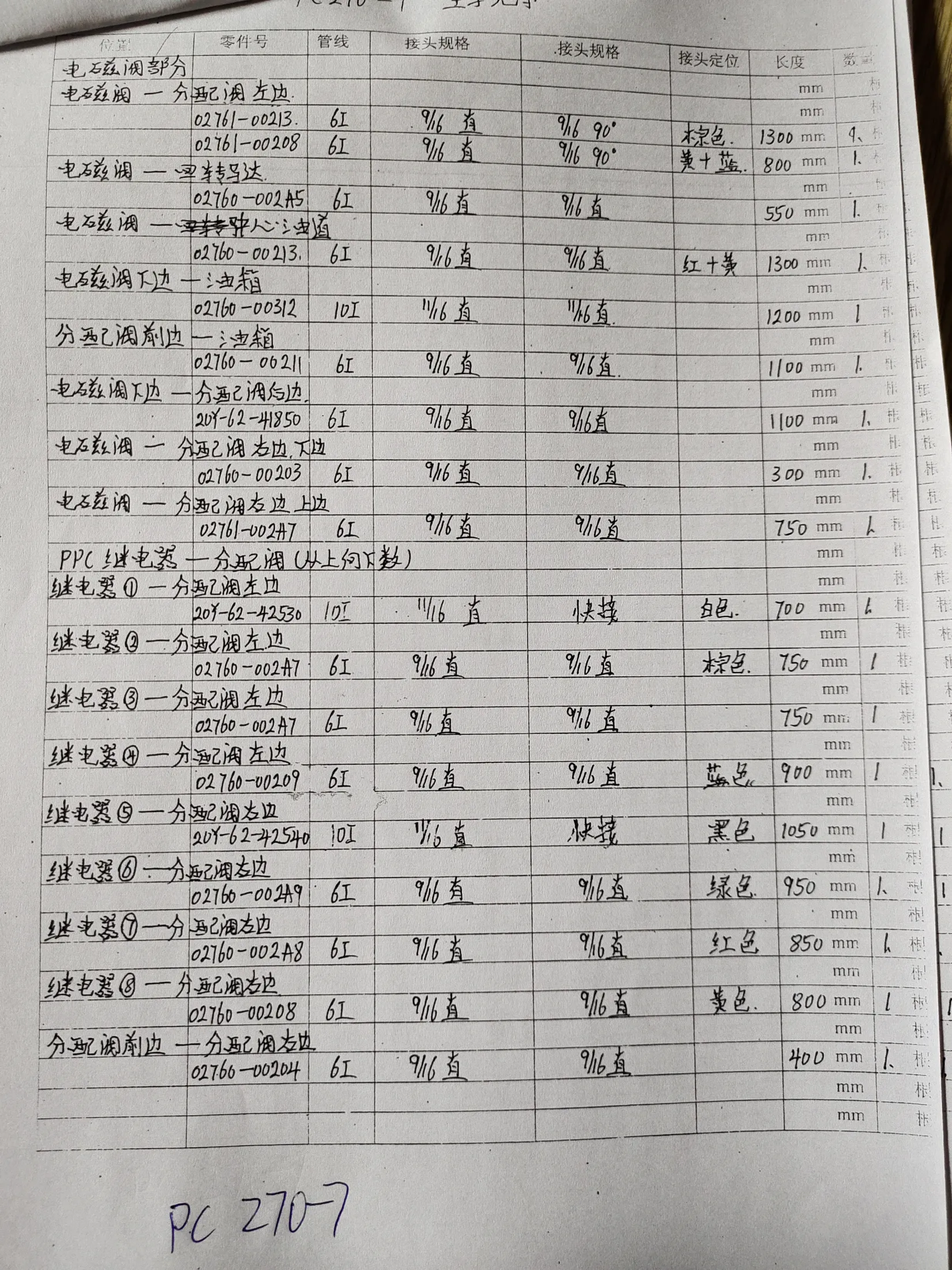 Komatsu PC270-7LC hydraulic hose part numbers and recorded lengths — technician notebook page 3 of 6 — recorded hose parts 02700-002A5, 02760-002A8