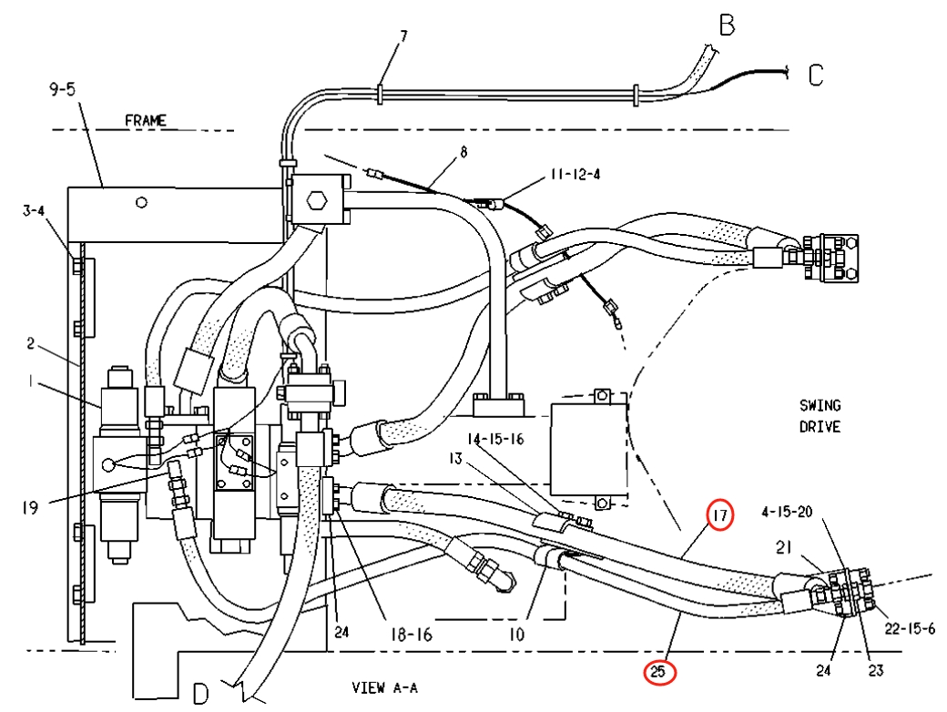 Caterpillar CAT®225B installation diagram showing hydraulic hose 7V-0719 at Pipe No. 25