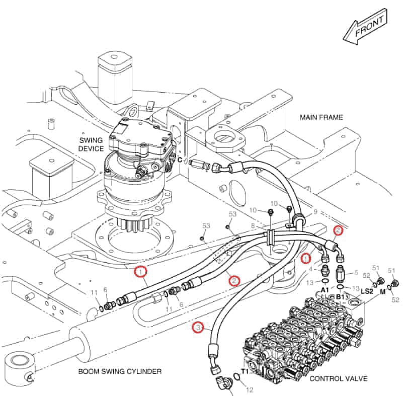 Doosan DX63-3 installation diagram showing hydraulic hose DS20551300 at Pipe No. 1