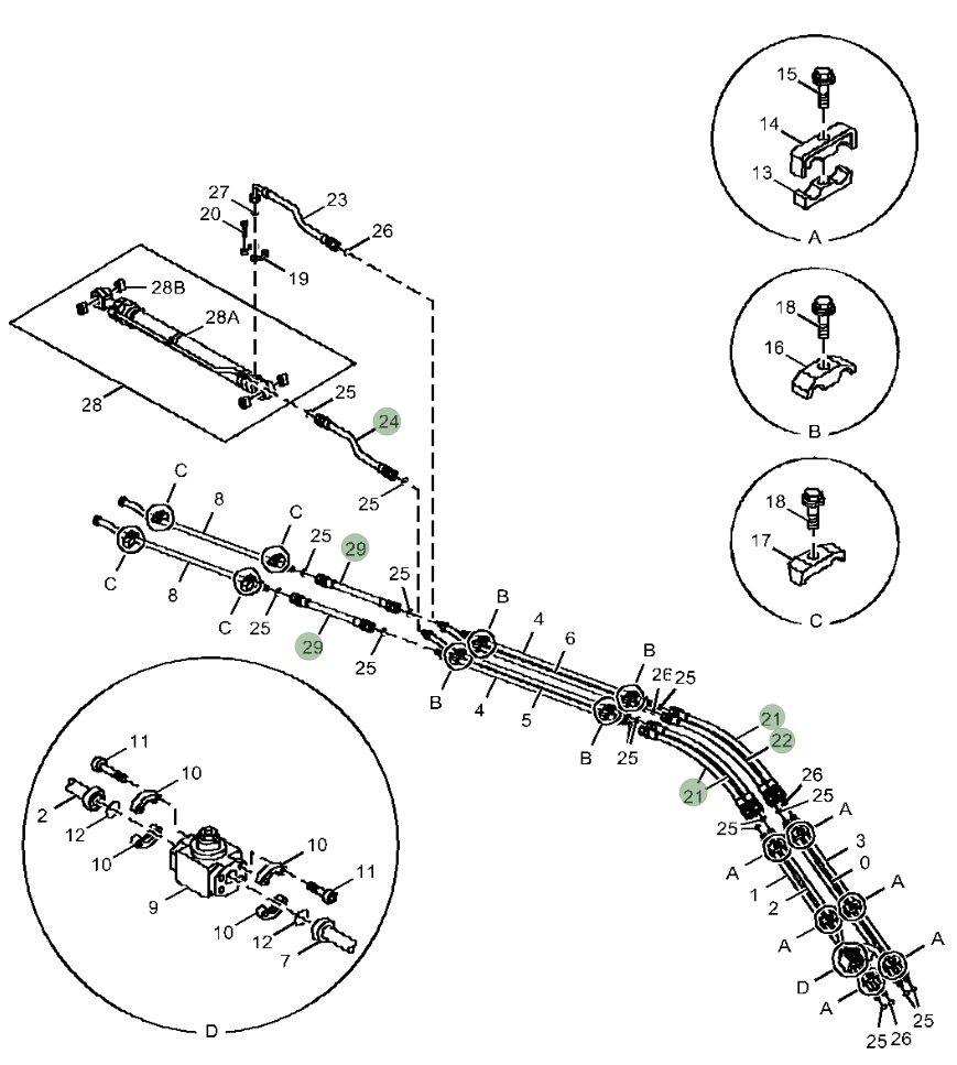 Hitachi ZX210-5N installation diagram showing hydraulic hose 4286268 at Pipe No. 24