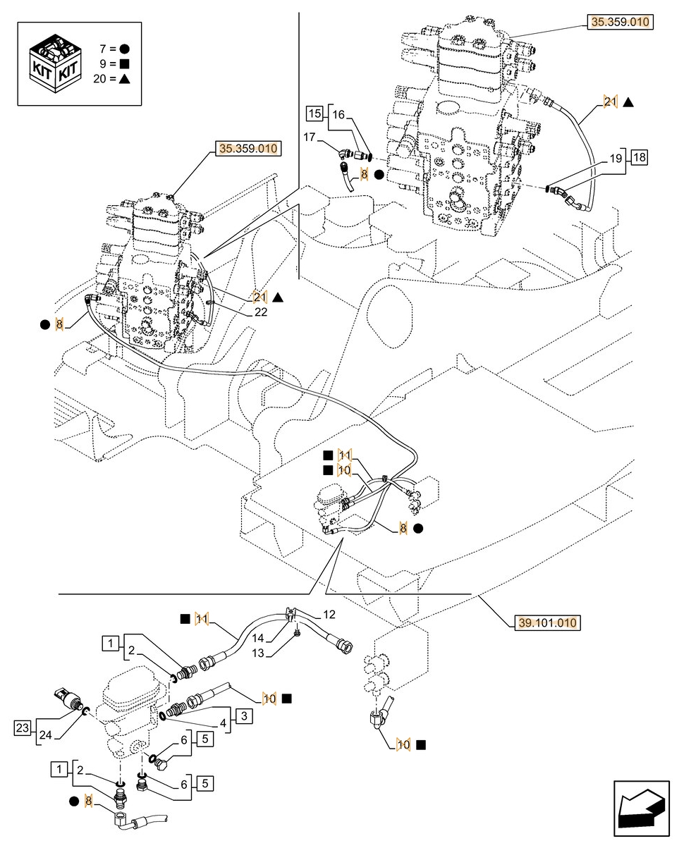 Case CX145D SR W/B installation diagram showing hydraulic hose KHJ2044 at Pipe No. 11