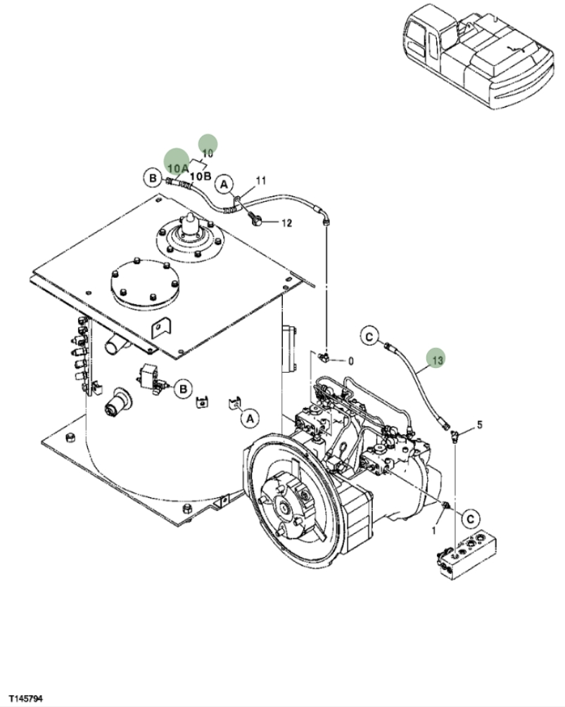 Hitachi ZX350F installation diagram showing hydraulic hose 4442331 at Pipe No. 13