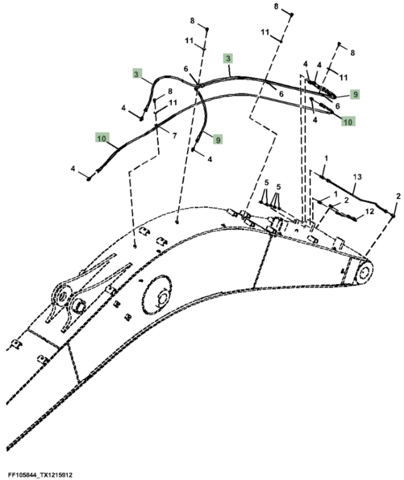 Hitachi ZX210FLC-FE-6N installation diagram showing hydraulic hose 4473135 at Pipe No. 9
