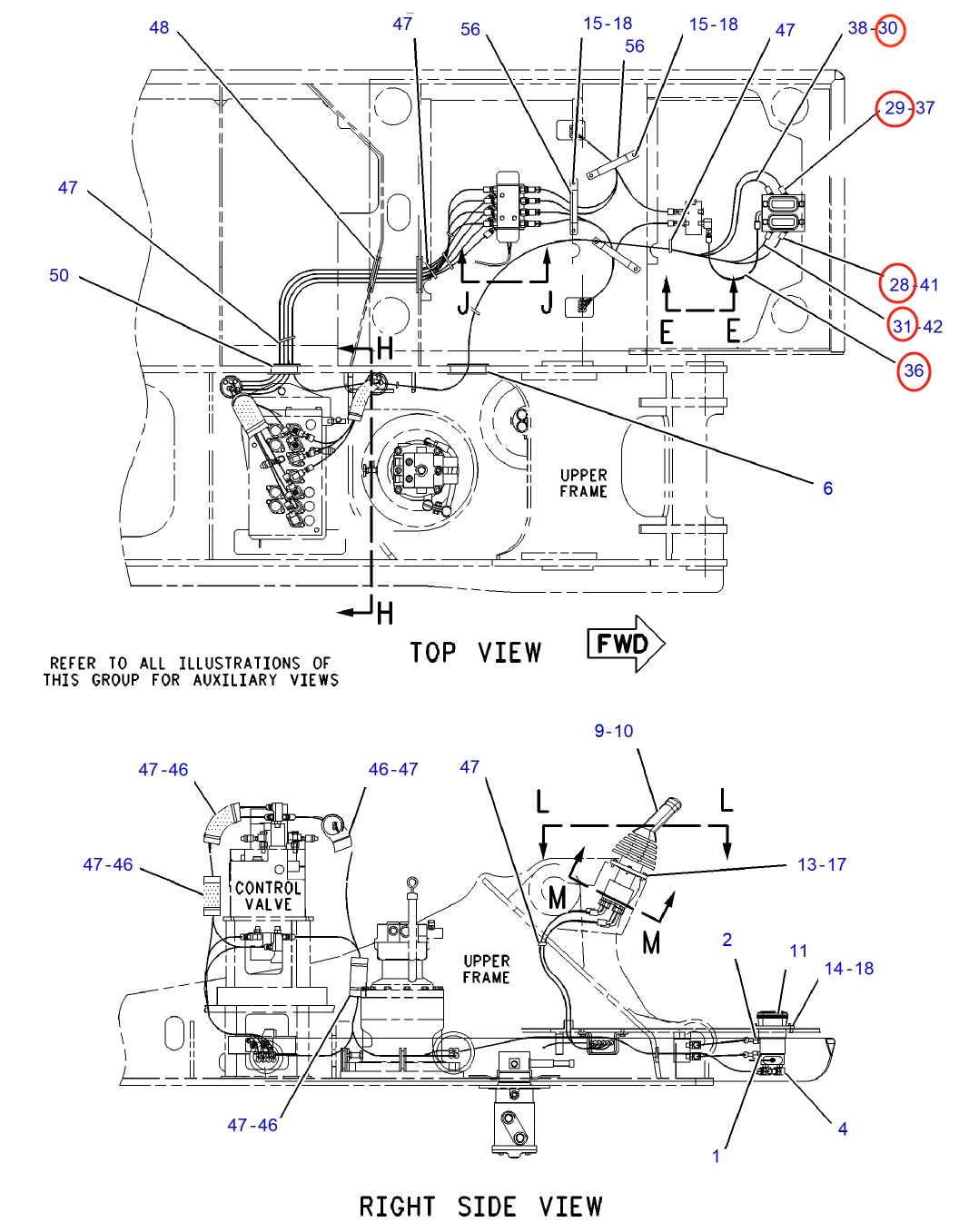 Caterpillar CAT®315C installation diagram showing hydraulic hose 4I-3981 at Pipe No. 28