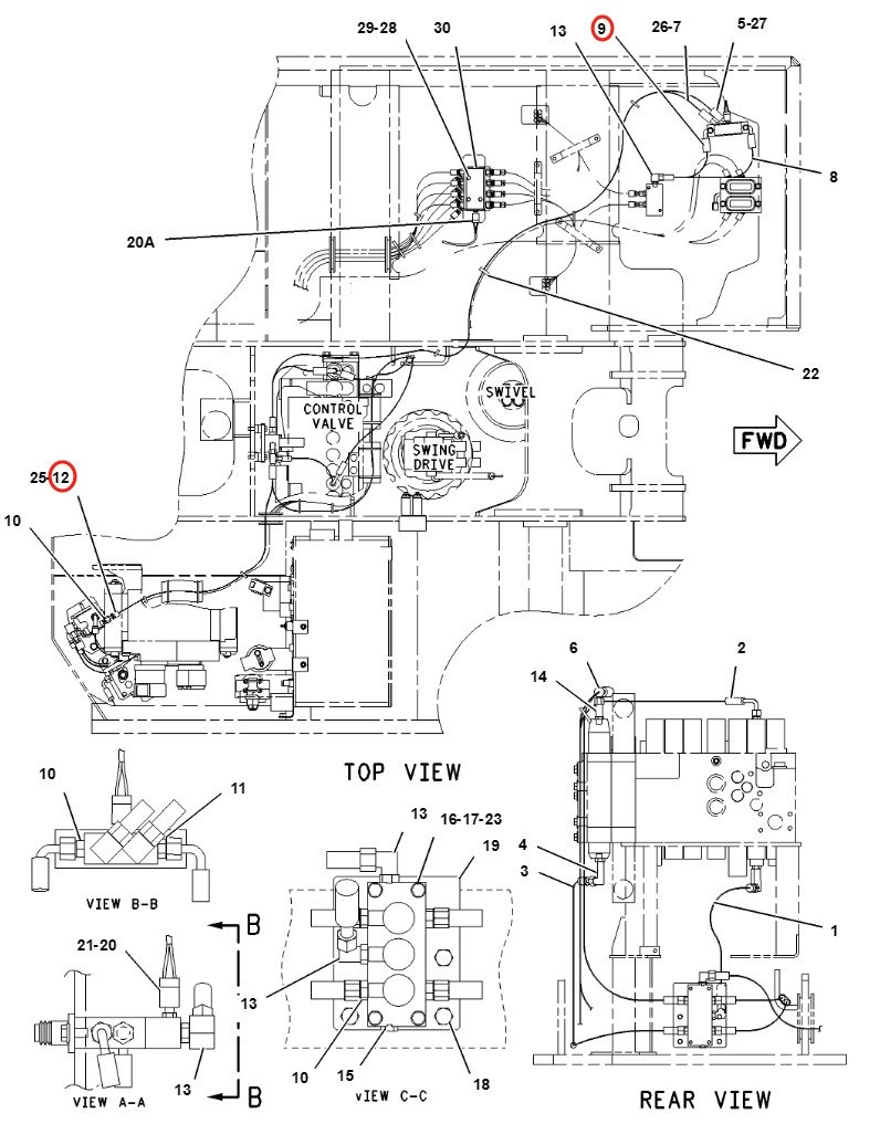Caterpillar CAT®312C L installation diagram showing hydraulic hose 104-8950 at Pipe No. 12