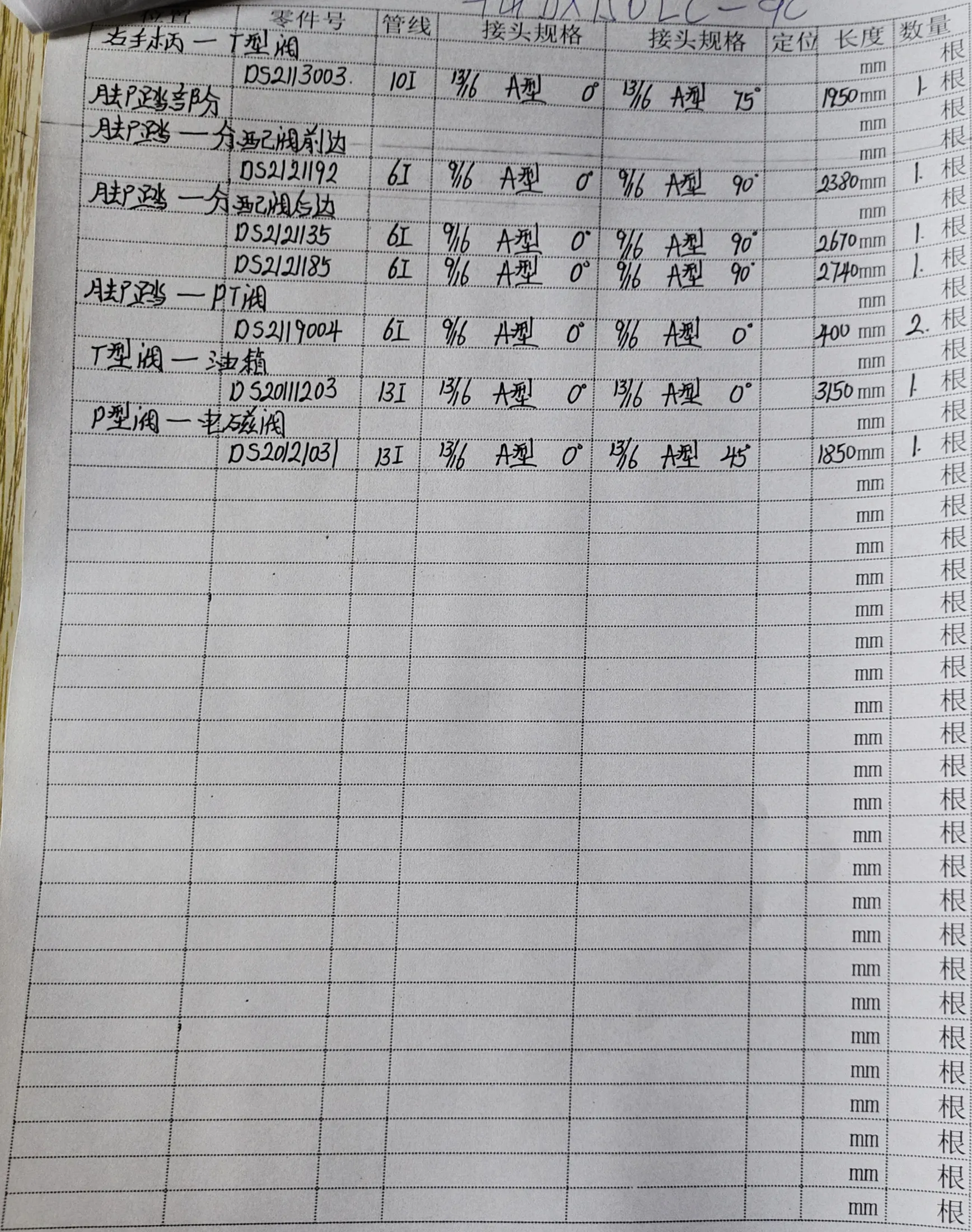 斗山 DX150LC-9C hydraulic hose part numbers and recorded lengths — technician notebook page 5 of 5