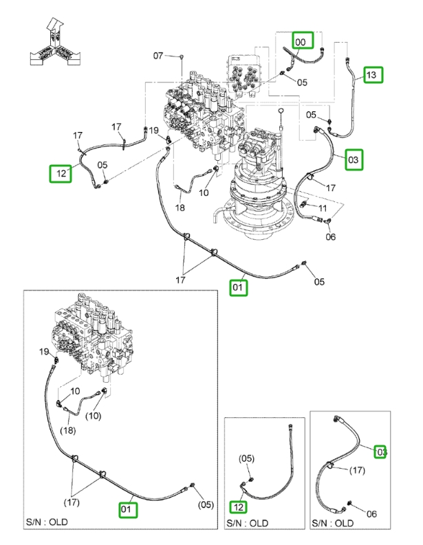 Hitachi ZX160LC-3 installation diagram showing hydraulic hose 4630945 at Pipe No. 12