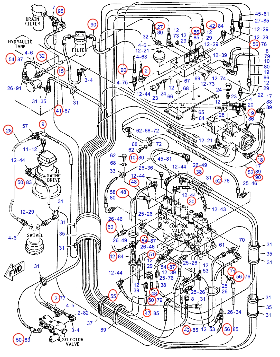 Caterpillar CAT®312B L installation diagram showing hydraulic hose 129-6109 at Pipe No. 27