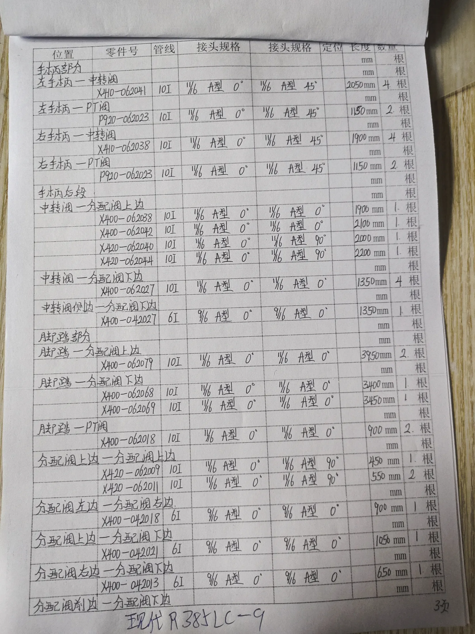 Hyundai R385LC-9 hydraulic hose part numbers and recorded lengths — technician notebook image 5 of 5