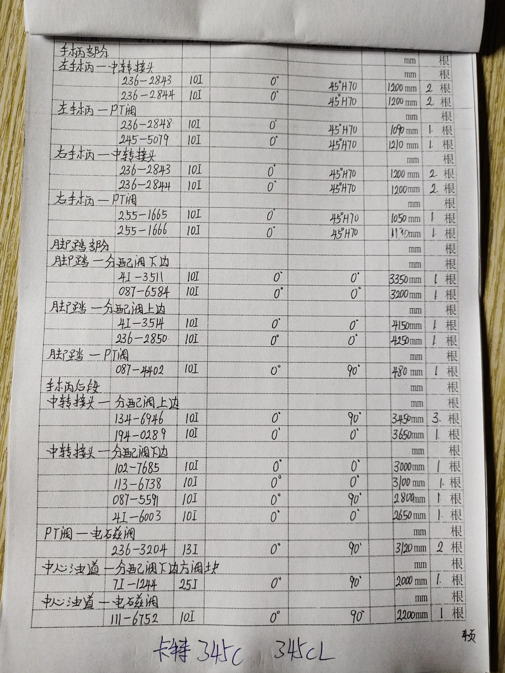 Caterpillar 345C hydraulic hose part numbers and recorded lengths — technician notebook page 4 of 6 — recorded hose parts 4I-600, 7I-1244