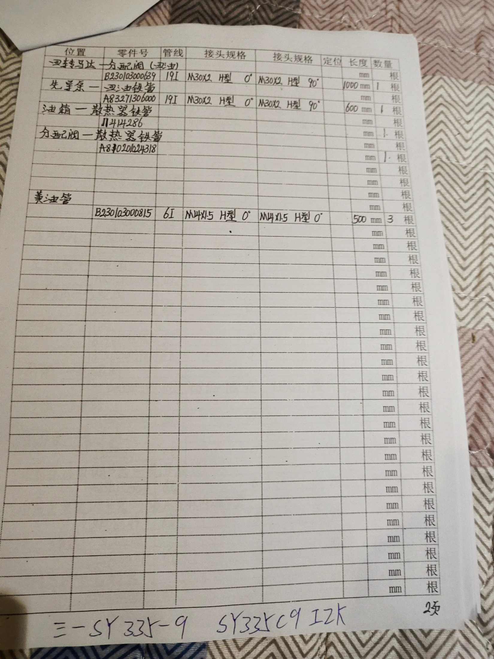SANY SY335C9IK2K hydraulic hose part numbers and recorded lengths — technician notebook page 2 of 5 — recorded hose parts B2300300081