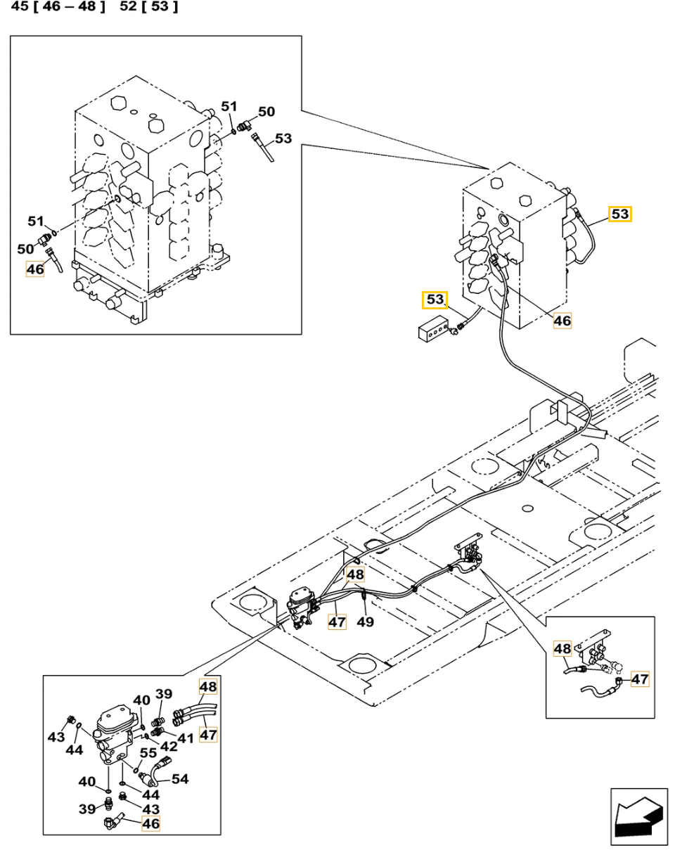 Case CX500C LC ME installation diagram showing hydraulic hose KHJ25060 at Pipe No. 46