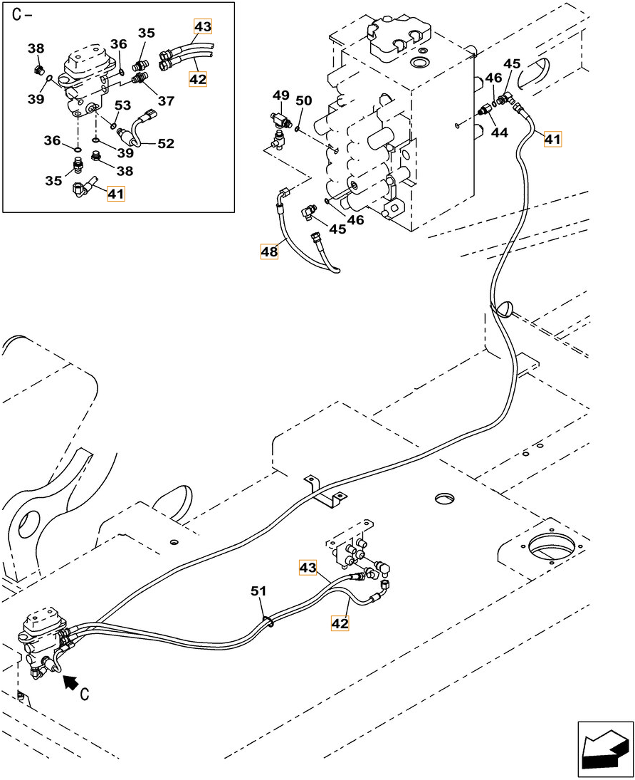 Case CX260C LC installation diagram showing hydraulic hose KHJ2309 at Pipe No. 48