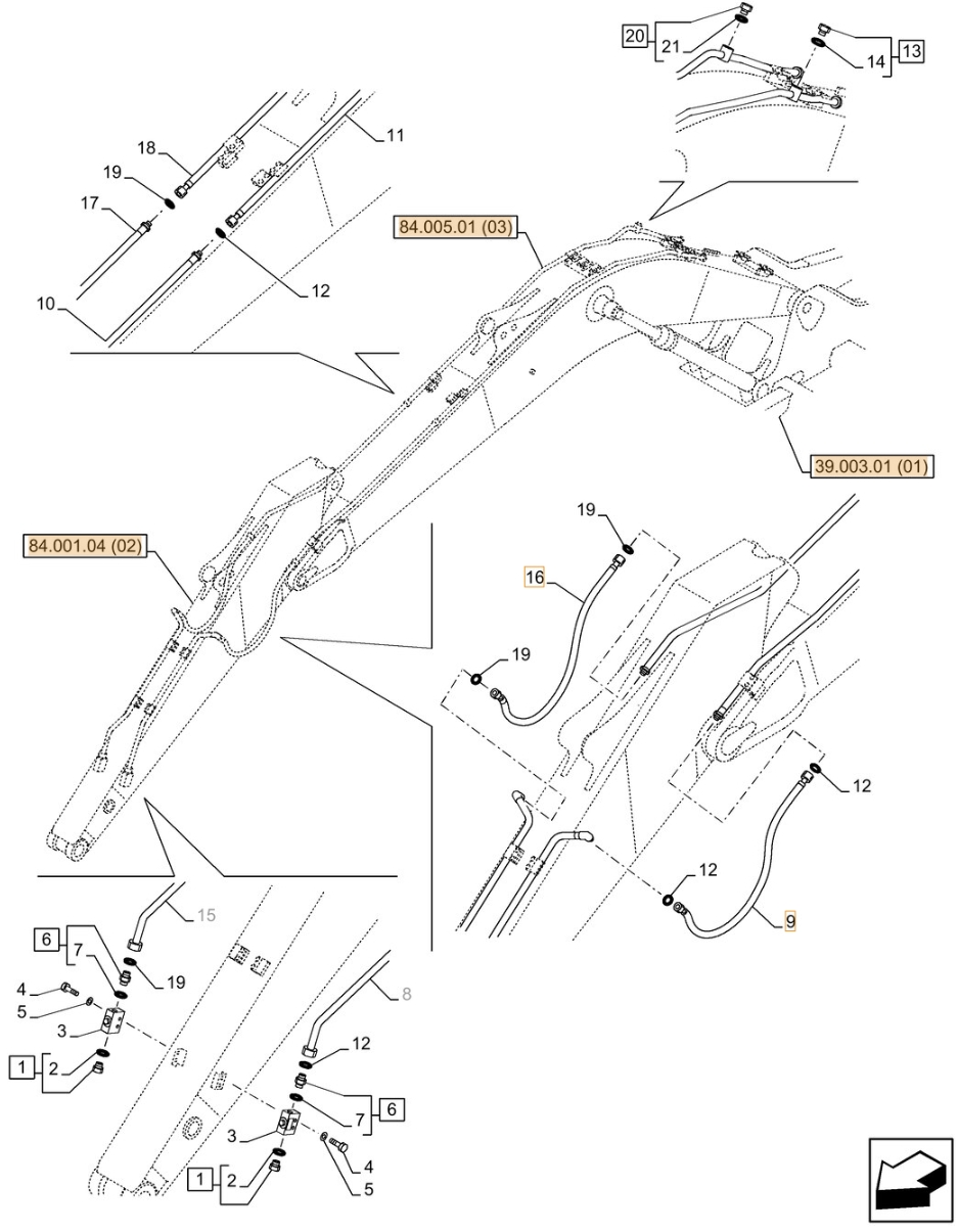 Case CX210C LC installation diagram showing hydraulic hose KRV19740 at Pipe No. 16