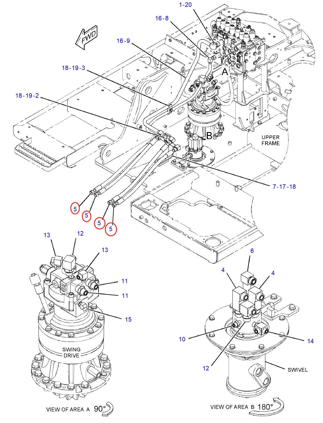 Caterpillar CAT®312E L installation diagram showing hydraulic hose 123-2636 at Pipe No. 5