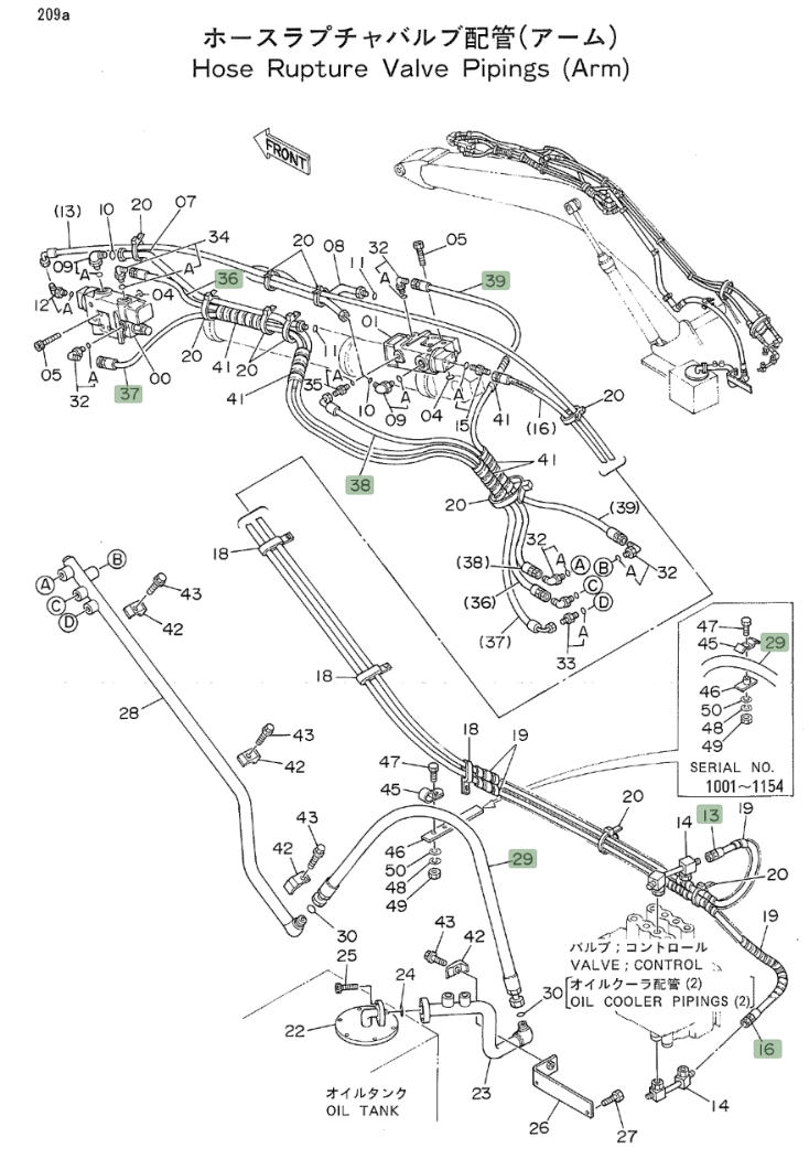 Hitachi EX160WD installation diagram showing hydraulic hose 4252861 at Pipe No. 36
