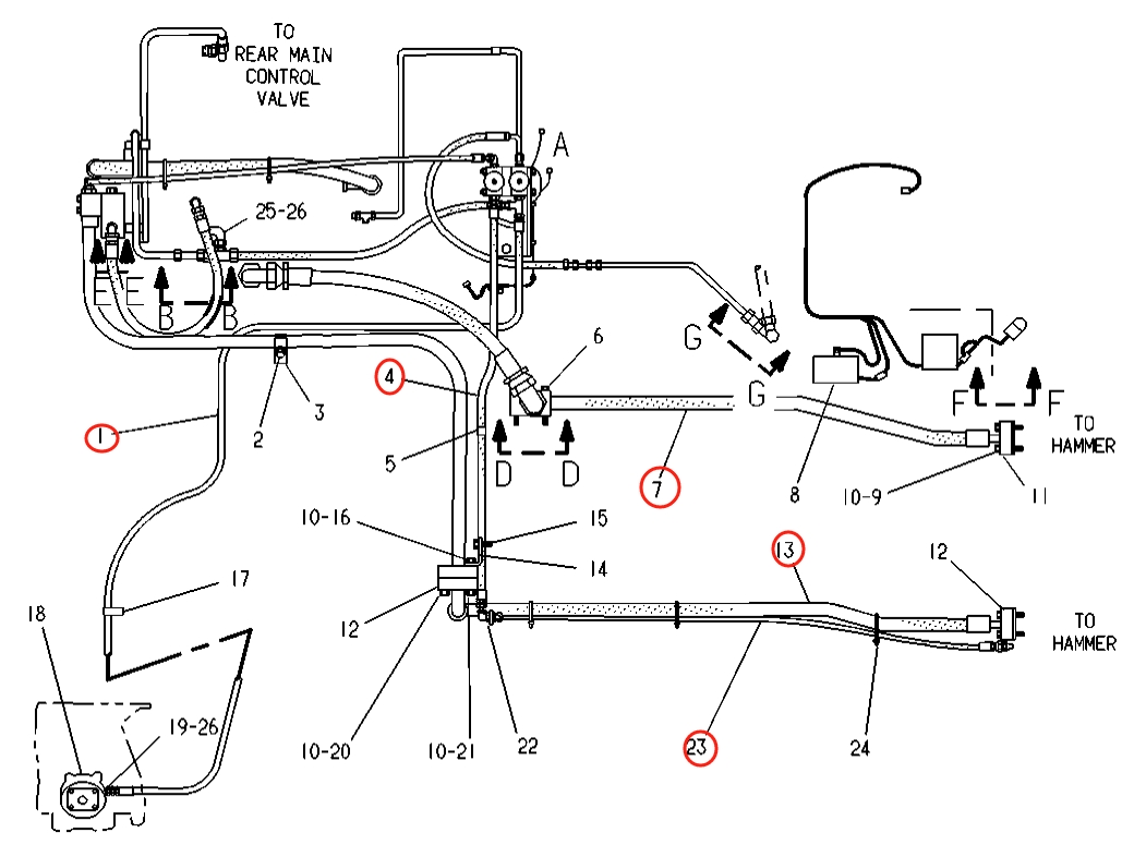 Caterpillar CAT®219 installation diagram showing hydraulic hose 2V-1821 at Pipe No. 4