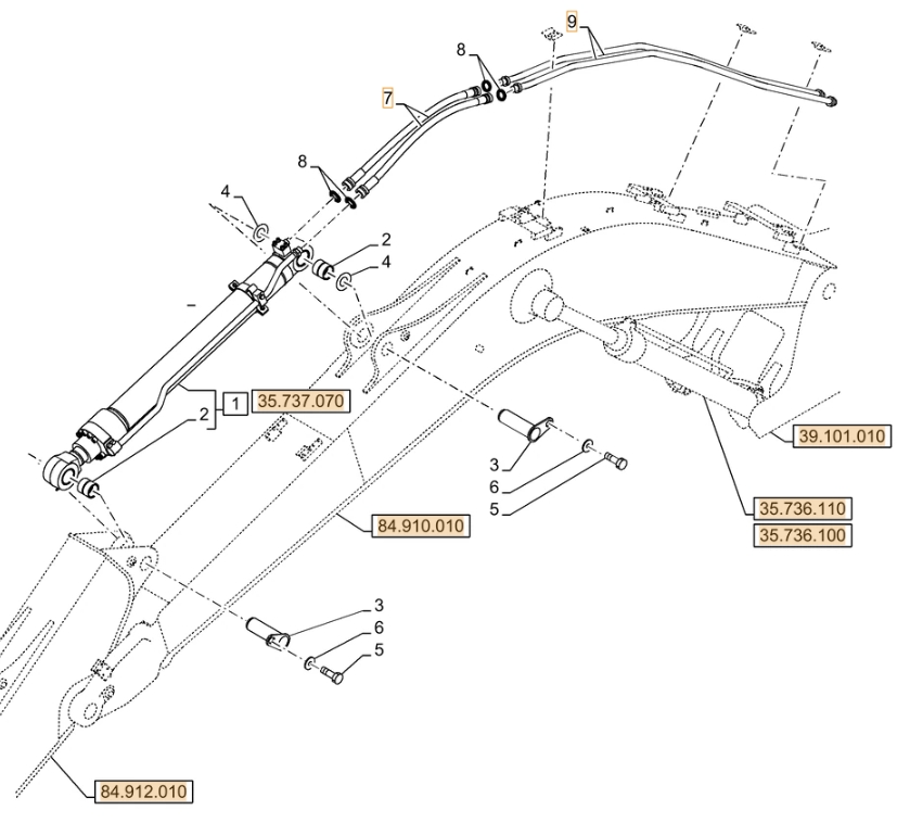 Case CX130D installation diagram showing hydraulic hose KRV19720 at Pipe No. 7