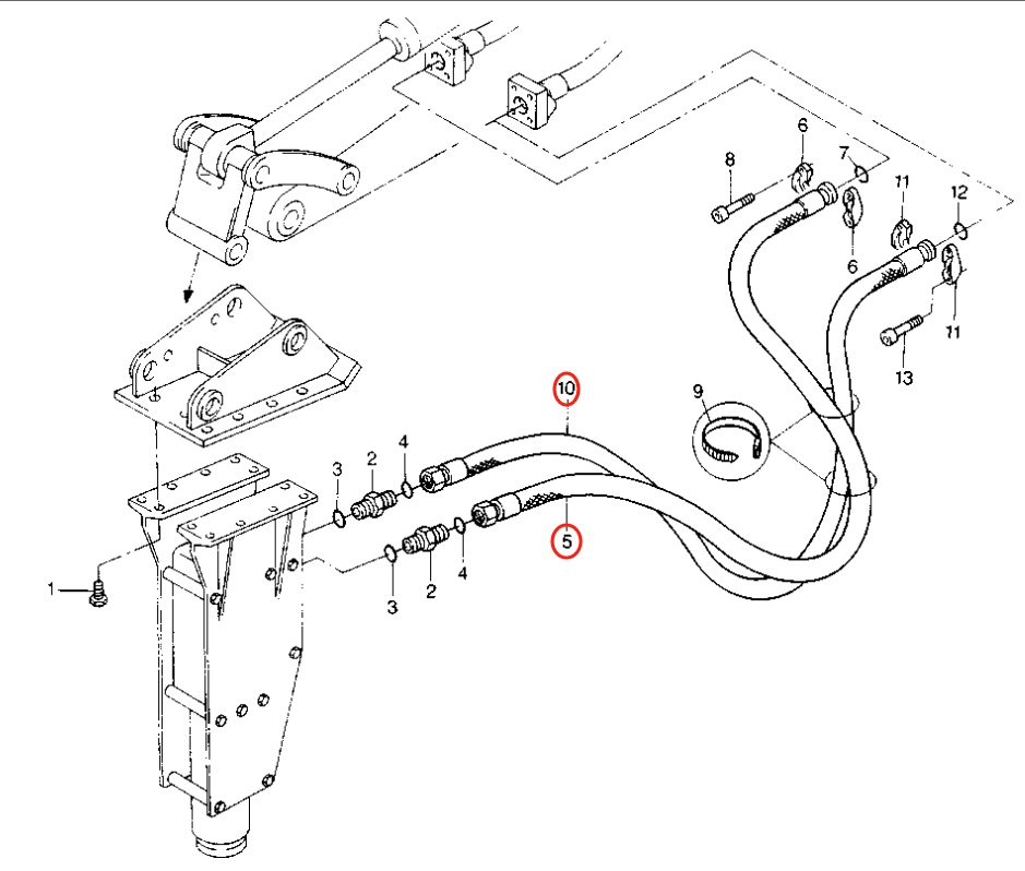 Caterpillar CAT®206B installation diagram showing hydraulic hose 8U-9186 at Pipe No. 10