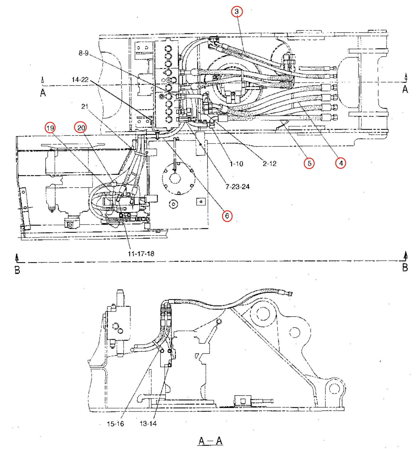 Caterpillar CAT®315B FM L installation diagram showing hydraulic hose 146-7204 at Pipe No. 6