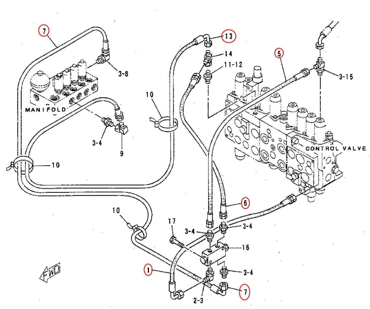 Caterpillar CAT®311B installation diagram showing hydraulic hose 5I-3124 at Pipe No. 6