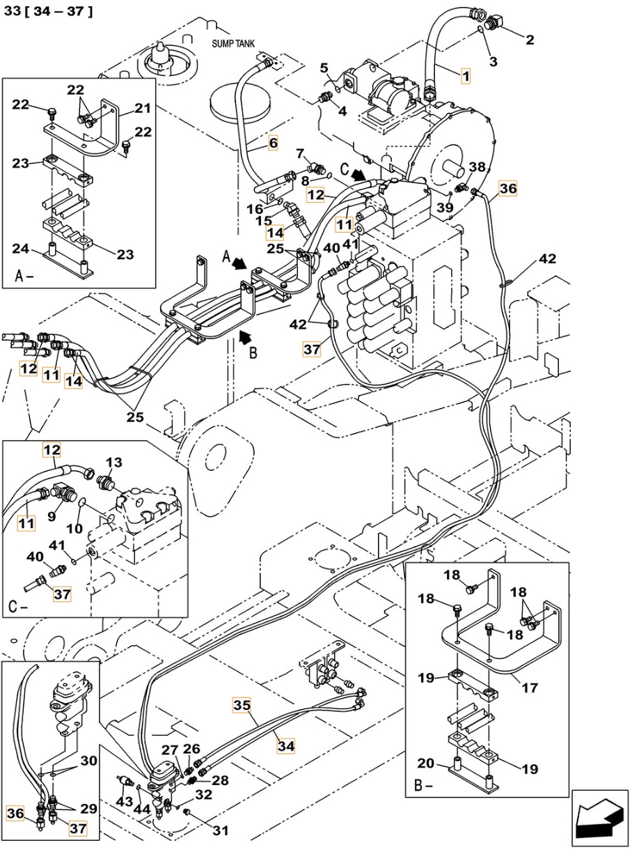 Case CX300C installation diagram showing hydraulic hose KHJ2088 at Pipe No. 35