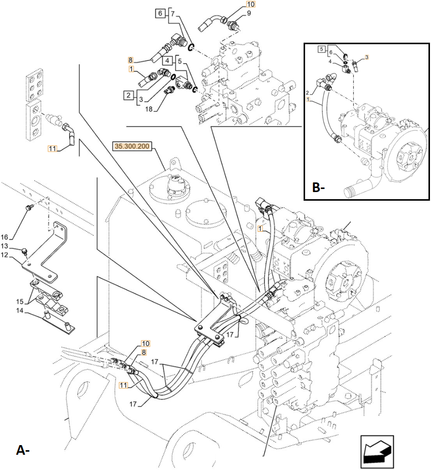 Case CX250E LC installation diagram showing hydraulic hose KRJ10750 at Pipe No. B1