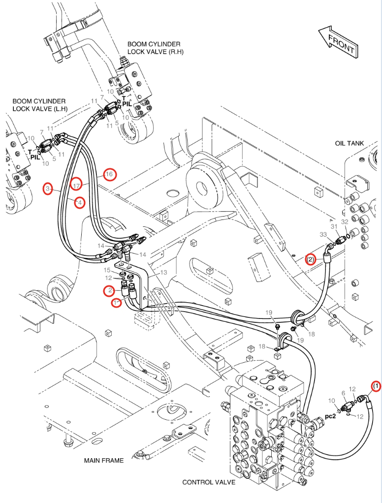 Doosan DX140LC-3 installation diagram showing hydraulic hose DS2121267 at Pipe No. 2