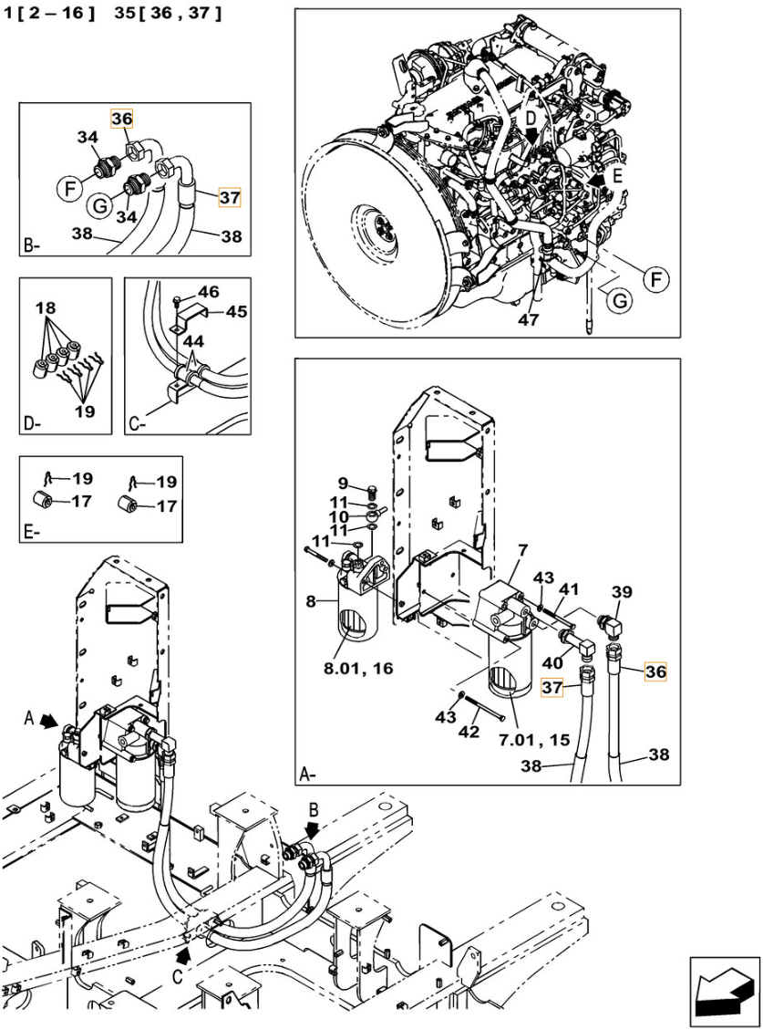 Case CX260C-8 LC installation diagram showing hydraulic hose KRH10330 at Pipe No. 37