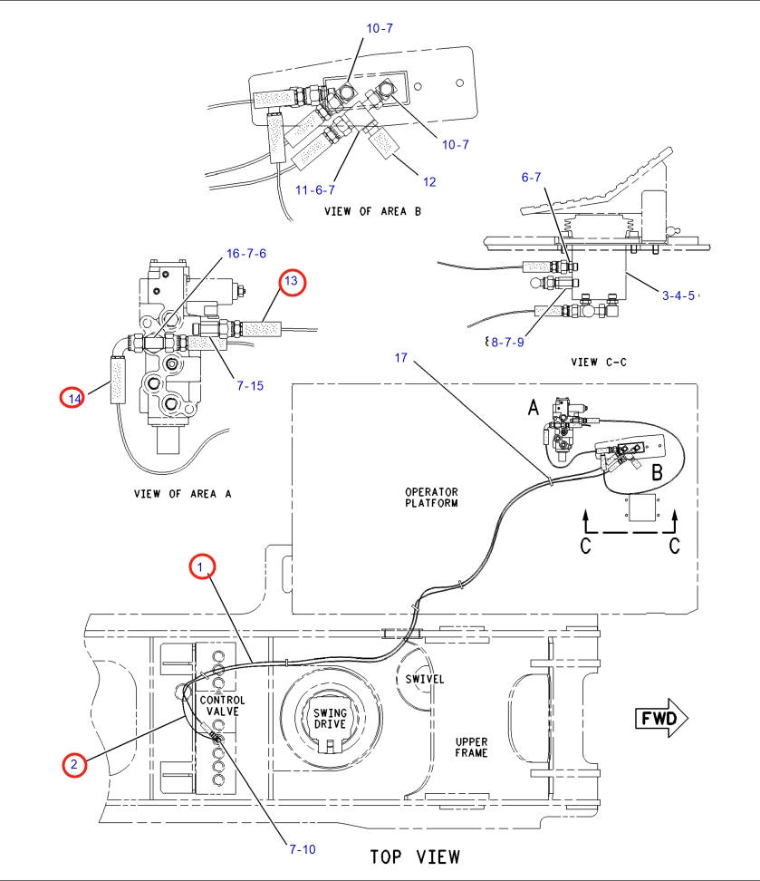 Caterpillar CAT®317B LN installation diagram showing hydraulic hose 7I-7117 at Pipe No. 1