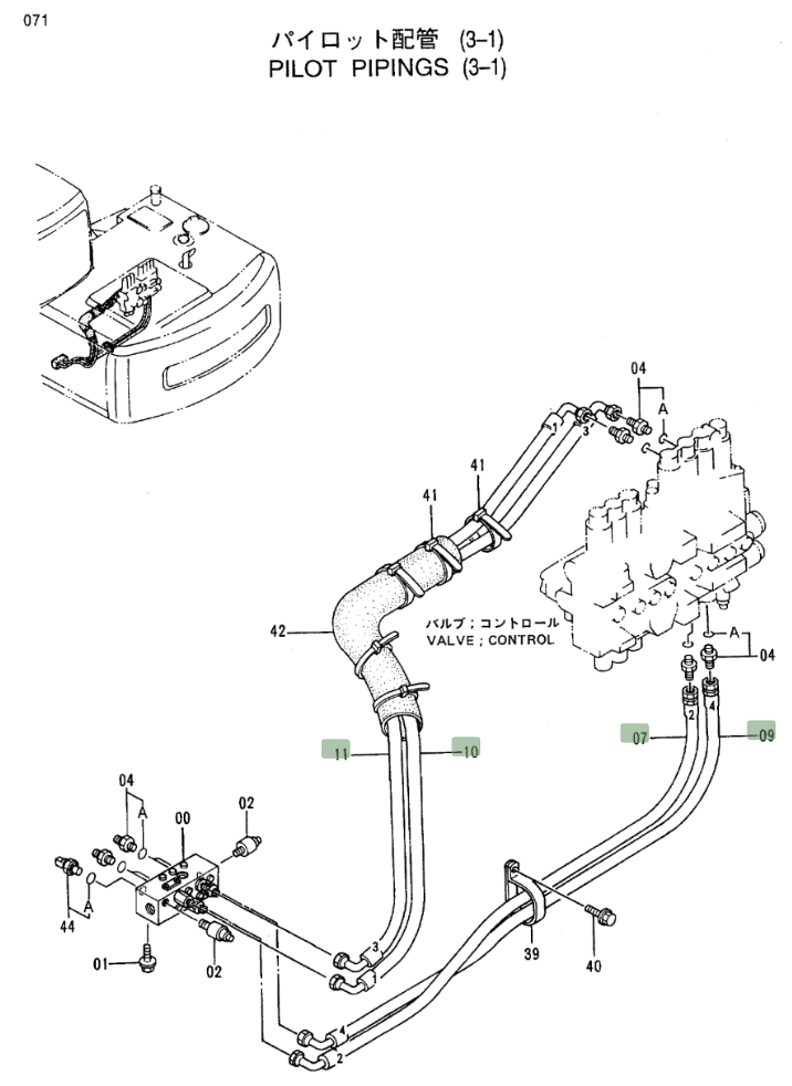 Hitachi EX100M-3 installation diagram showing hydraulic hose 4260474 at Pipe No. 7