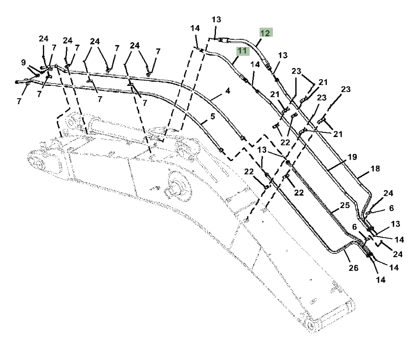 Hitachi ZX350LC-5G installation diagram showing hydraulic hose 4715621 at Pipe No. 11
