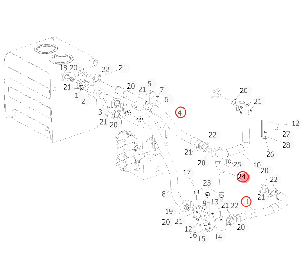 Sunward SWE470E-3 installation diagram showing hydraulic hose 730501004122 at Pipe No. 4