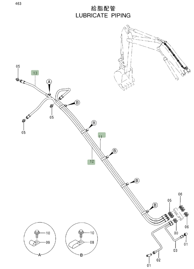 Hitachi EX330LC-5 installation diagram showing hydraulic hose 4316009 at Pipe No. 13