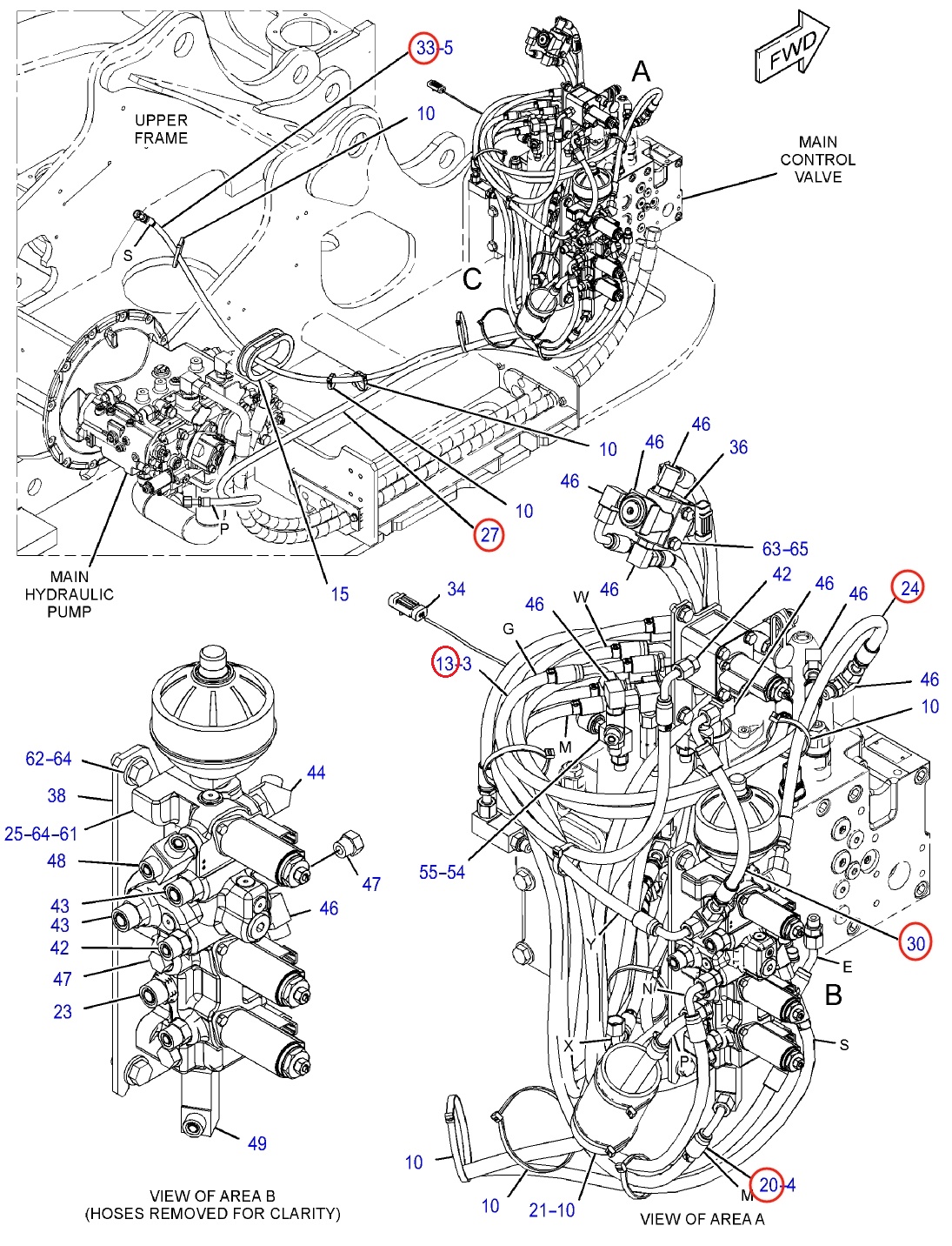 Caterpillar CAT®314E LCR installation diagram showing hydraulic hose 204-8543 at Pipe No. 24