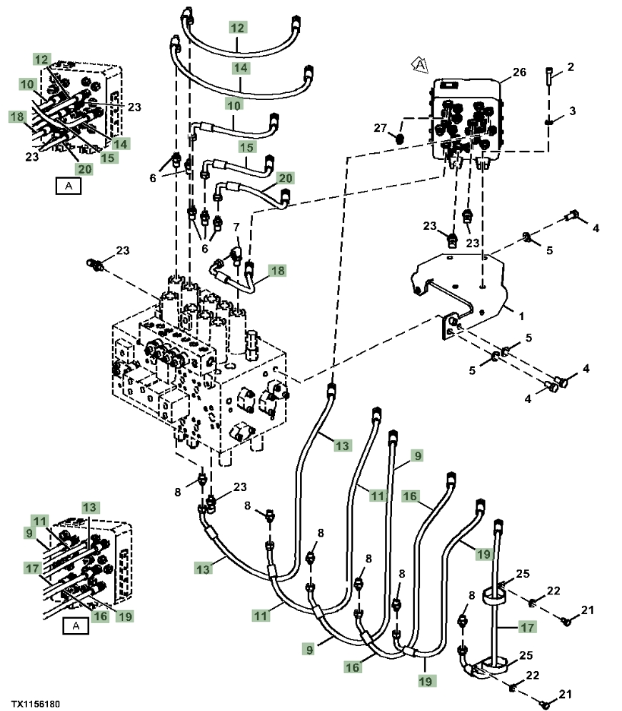Hitachi ZX210-5N installation diagram showing hydraulic hose 4630937 at Pipe No. 19