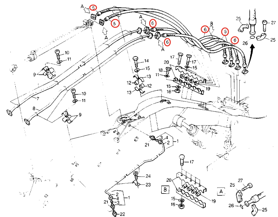 Caterpillar CAT®224B installation diagram showing hydraulic hose 8U-3423 at Pipe No. 6