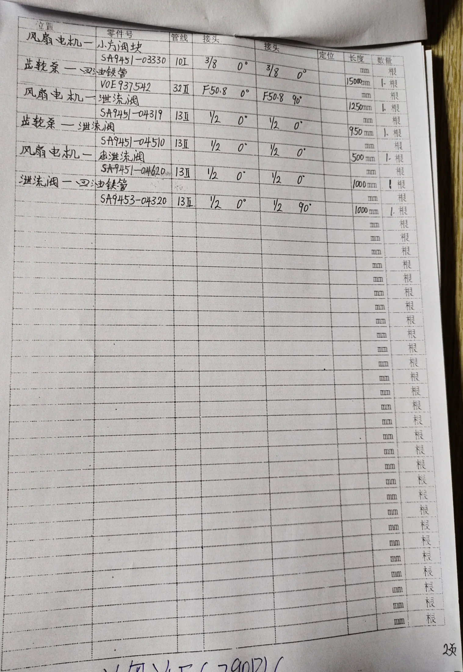 Volvo EC290B LC hydraulic hose part numbers and recorded lengths — technician notebook page 11 of 14