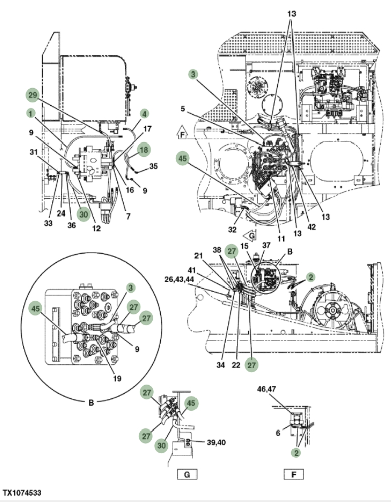 Hitachi ZX290F-3 installation diagram showing hydraulic hose 4628869 at Pipe No. 18