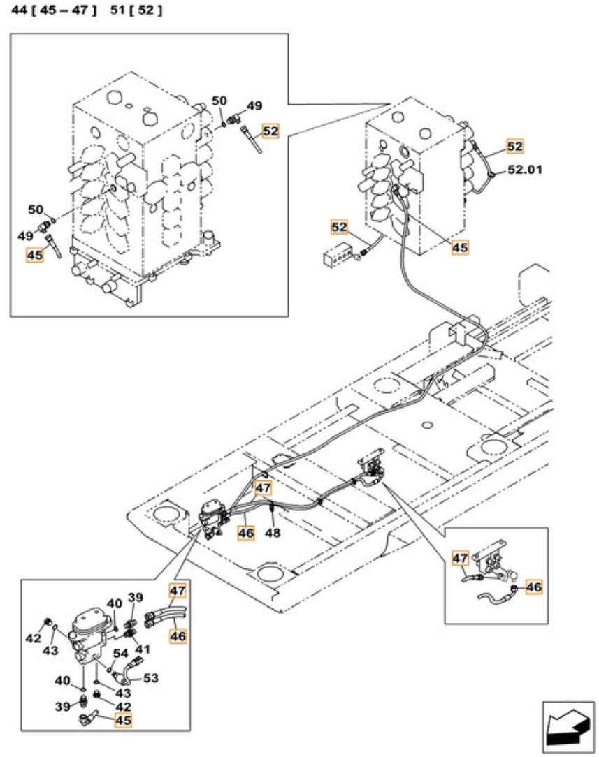 Case CX470C installation diagram showing hydraulic hose KHJ2050 at Pipe No. 47