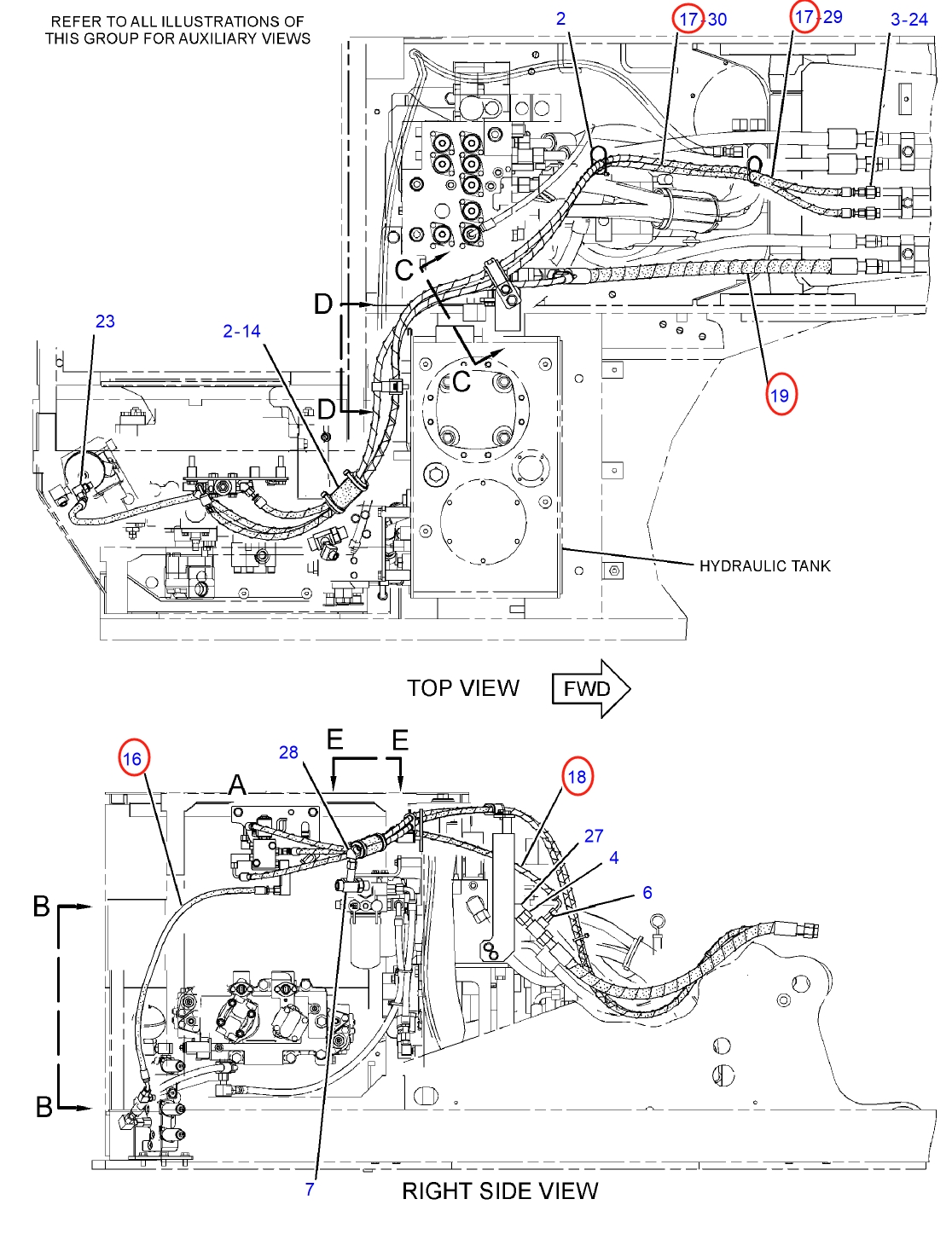 Caterpillar CAT®312D L installation diagram showing hydraulic hose 337-1286 at Pipe No. 19