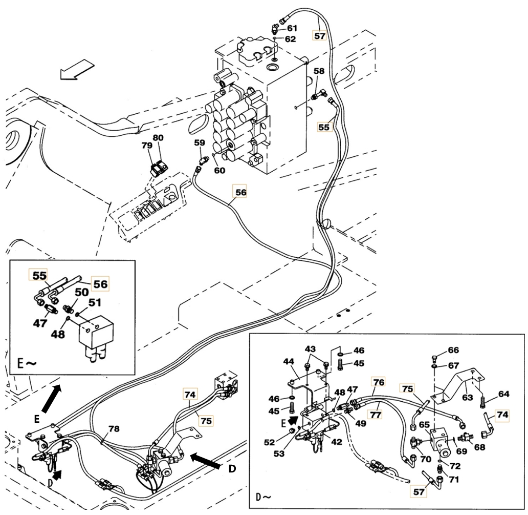 Case CX240BLR installation diagram showing hydraulic hose KHJ2086 at Pipe No. 74