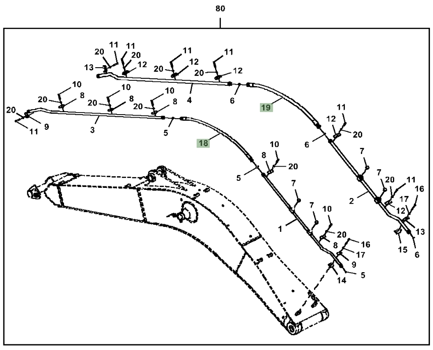 Hitachi ZX350LC-5A installation diagram showing hydraulic hose 4650195 at Pipe No. 6