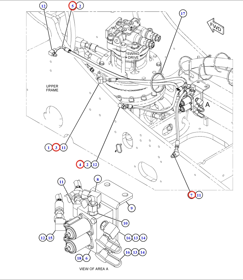 Caterpillar CAT®316F L installation diagram showing hydraulic hose 5I-4387 at Pipe No. 3