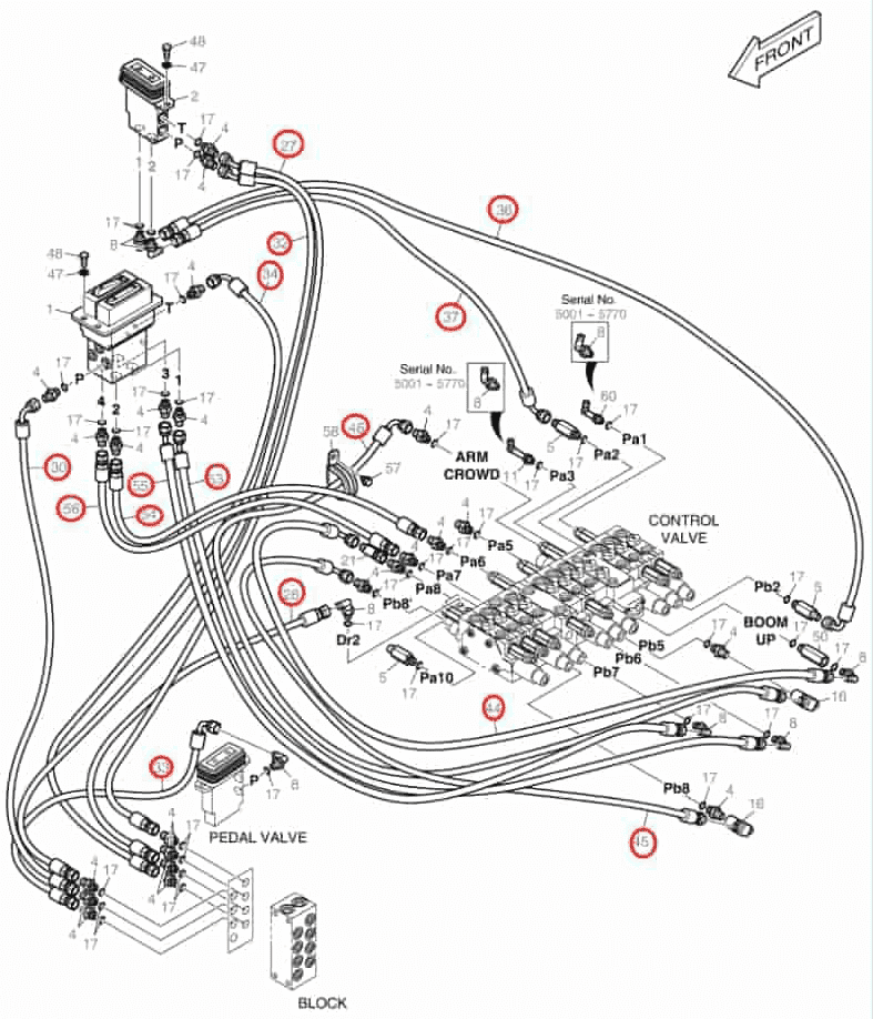 Doosan DX35Z installation diagram showing hydraulic hose DS2092091 at Pipe No. 53